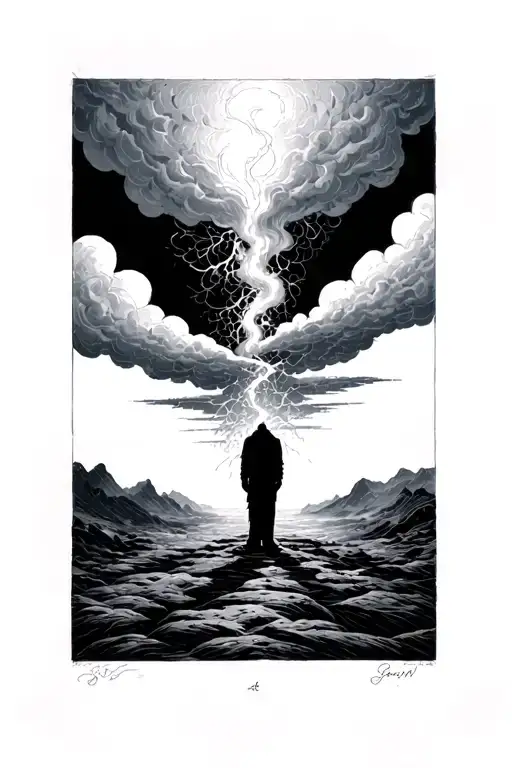 3. A Storm Cloud Above a Faceless Figure (Anxiety & Internal Struggles) • A shadowy, faceless figure stands beneath a s