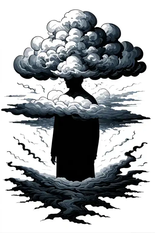 3. A Storm Cloud Above a Faceless Figure (Anxiety & Internal Struggles) • A shadowy, faceless figure stands beneath a s - Variation 2