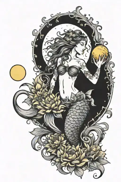 mermaid with it's tail wuth sunflowers and yellow carnations, while holding a moon in her hands