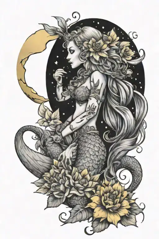mermaid with it's tail wuth sunflowers and yellow carnations, while holding a moon in her hands - Variation 2