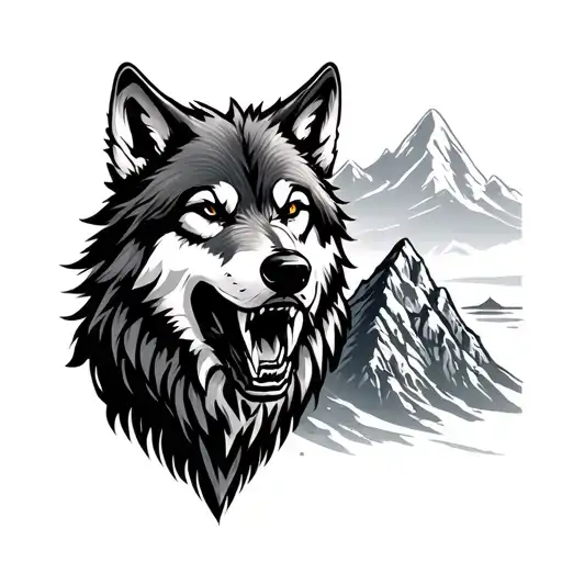 Growling Wolf And Mountains - Variation 2