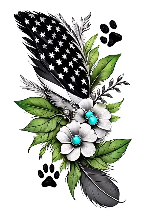feathers, american flag, green leaves, one brooch turquoise jewelry, flowers, paw prints - Variation 2