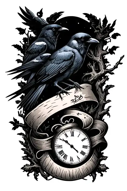 night sky, crows, tree branch, time, ribbon - Variation 2