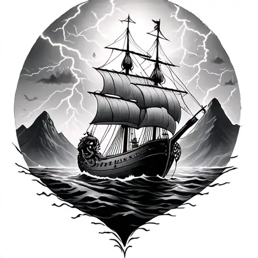 viking longship with mountains in the background and lightning in the sky. a kraken underwater - Variation 2