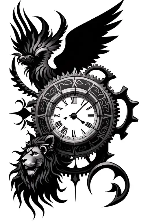Maori, Gemini sign, Greek clock, celestial angel, warrior, lion, thorn, gear, Gothic