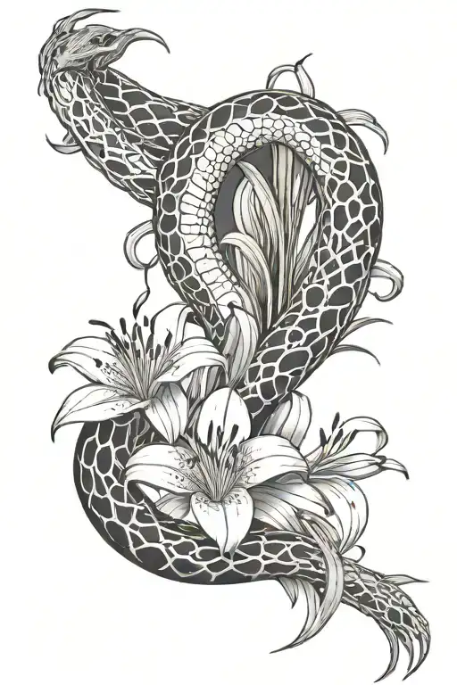 a snake design wrapping around a spider lily flower - Variation 4