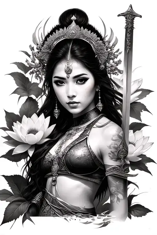 Photo realistic Gabriele Pellerone tattoo of a beautiful Asian woman warrior, with lotus flowers with leaves, a sword