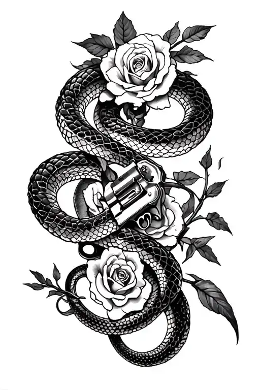 Design a snake sternum tattoo for a female and incorporate guns and roses