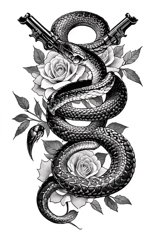 Design a snake sternum tattoo for a female and incorporate guns and roses - Variation 2