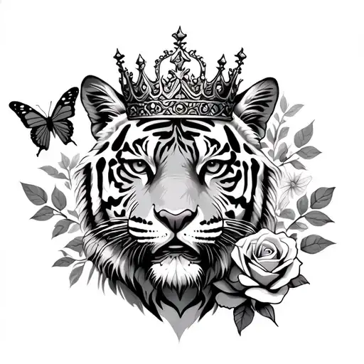 strong fierce queen tiger wearing a crown surrounded by a rose and a butterfly 