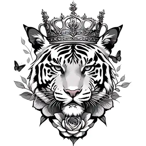 strong fierce queen tiger wearing a crown surrounded by a rose and a butterfly  - Variation 2