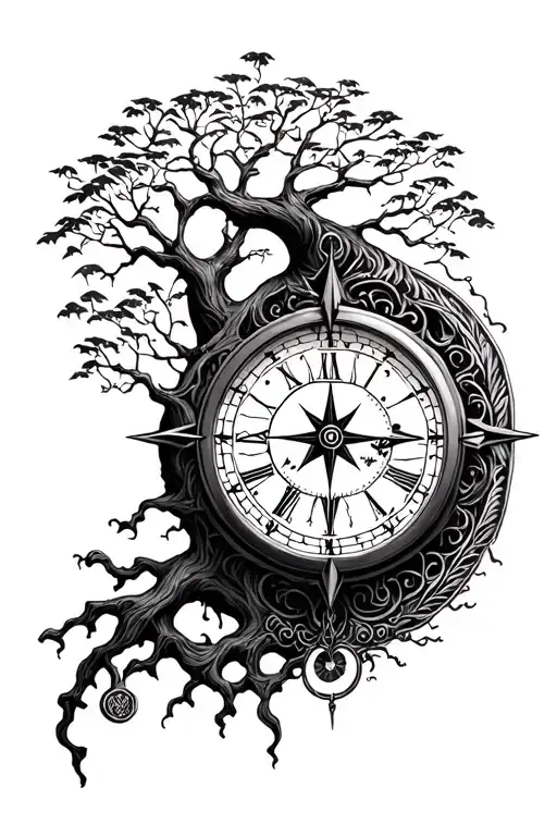 clock, tree of life, compass