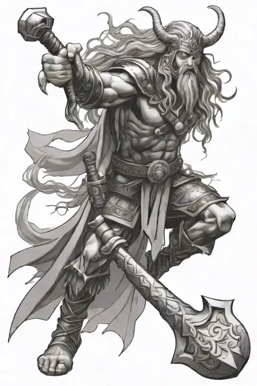 Perun, Slavic god of thunder, holding a hammer with fierce expression. Features an eagle, lightning, and dominance.