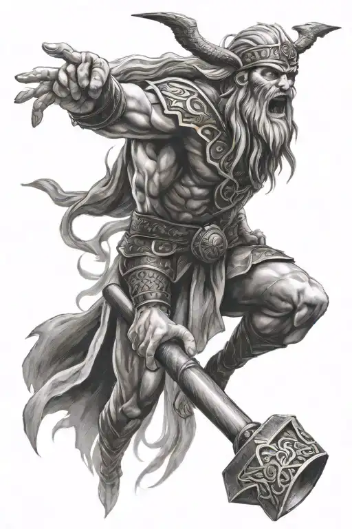 Perun, Slavic god of thunder, holding a hammer with fierce expression. Features an eagle, lightning, and dominance. - Variation 2