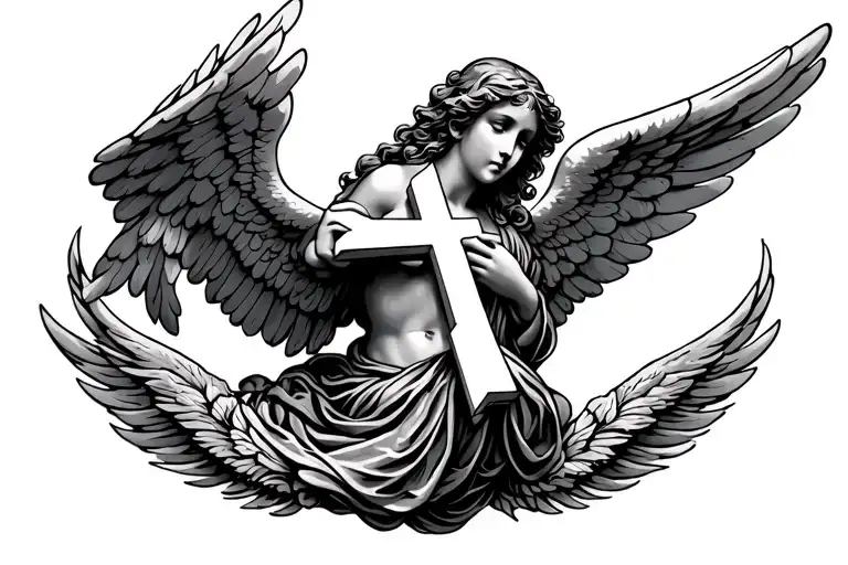 tramp stamp cross with angel winds surrounding it - Variation 2