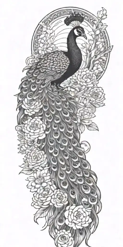 male peacock and chrysanthemum flowers japanese style around the arm line and shade work