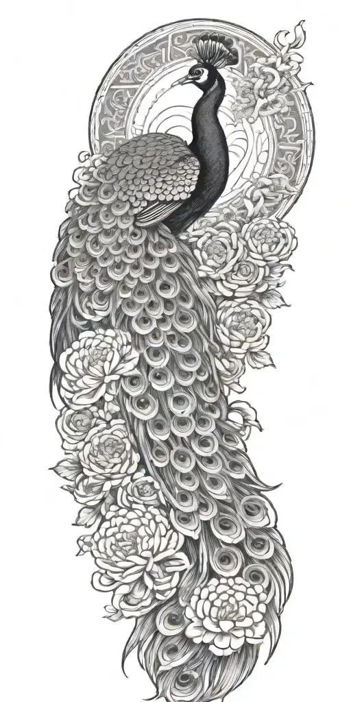 male peacock and chrysanthemum flowers japanese style around the arm line and shade work - Variation 2