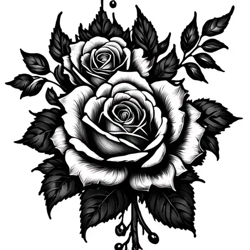 flowers and roses on a cool pattern line back tattoo - Variation 2