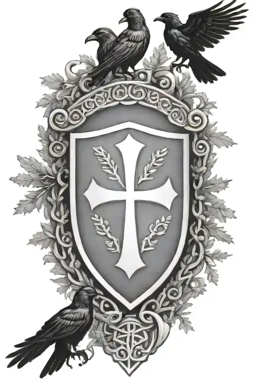 Rooker Family Crest with a celtic cross in a circle as a shield surrounded by cedar trees with 6 Crows - Variation 2