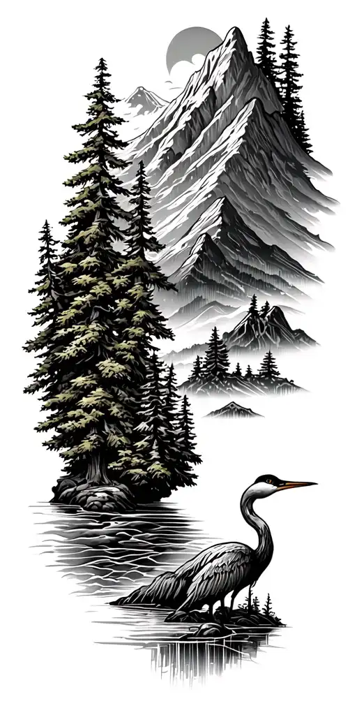 mountain, flowing rive, pine trees, and a crane