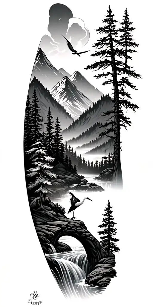 mountain, flowing rive, pine trees, and a crane - Variation 2