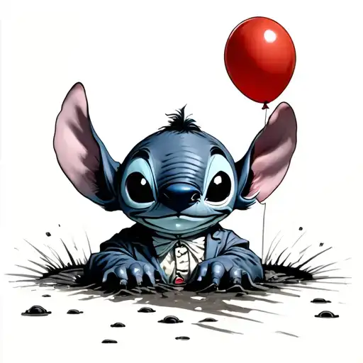 Concept: Stitch peeking out of a sewer, red balloon in one, dressed as pennywise looking like stitch