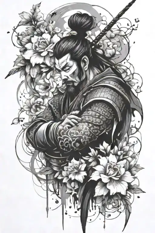 blackwork, trash polka and abstract style, full arm, floral designs, but many, Japan samurai culture.