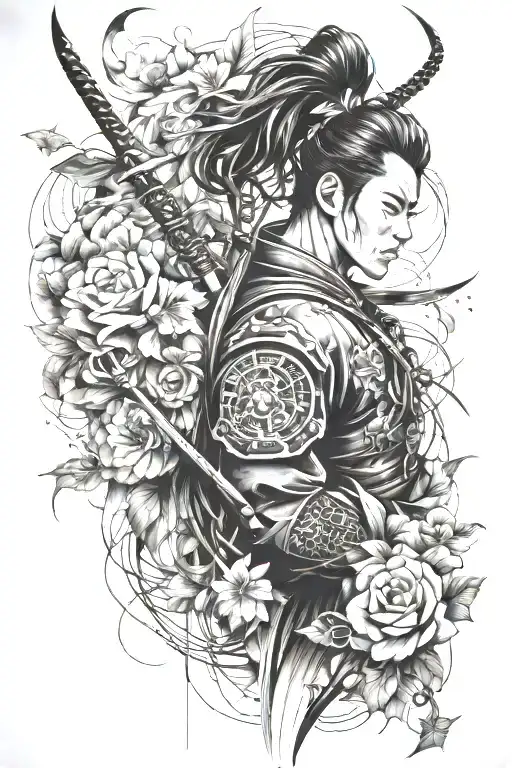 blackwork, trash polka and abstract style, full arm, floral designs, but many, Japan samurai culture. - Variation 2