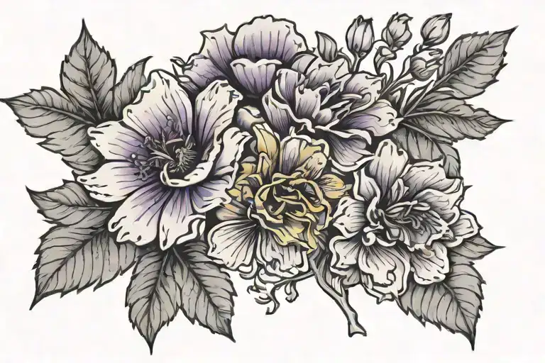 Violet flowers and Marigold flowers. With quote “when the person you love becomes a memory, the memory becomes a treasu