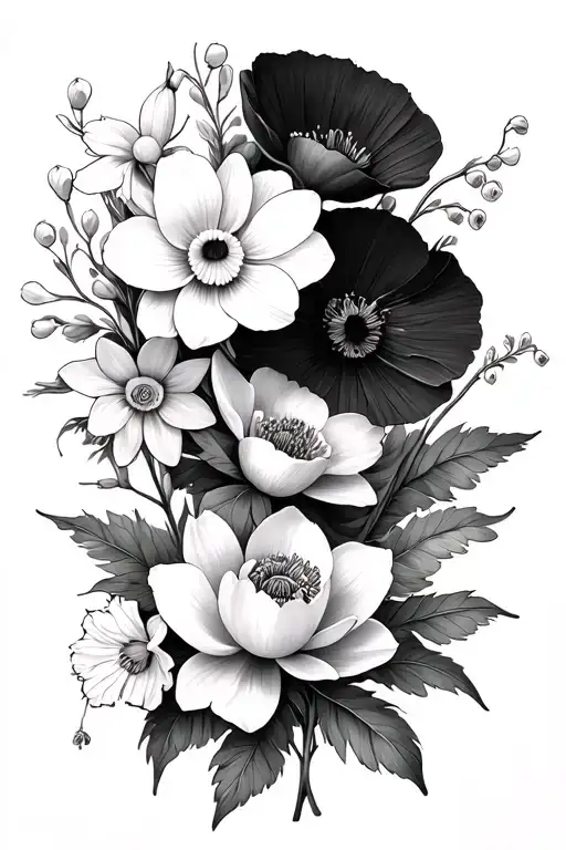 one of each of these flowers: daffodil, poppy, Lilly of the valley, carnation, water Lilly, and another carnation. - Variation 2