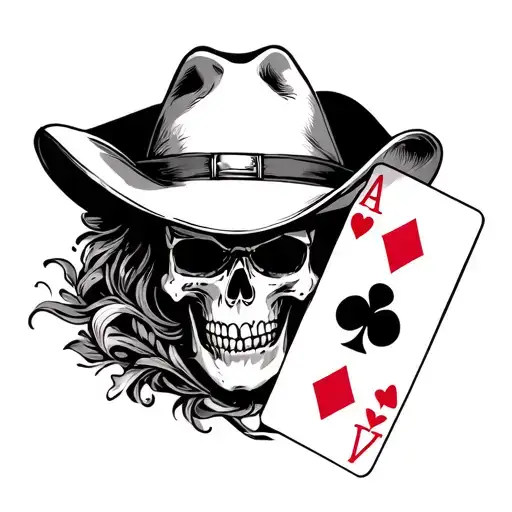 skull with cowboy hat holding cards. 10 of hearts, jack of diamonds, and 4 of clubs - Variation 2