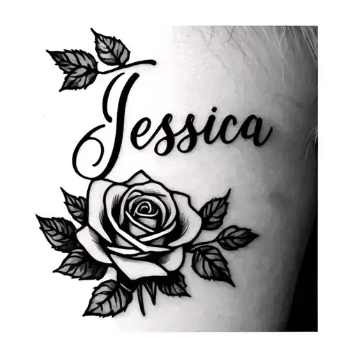 small tattoo, the name Jessica in cursive, thin font, rose stem underlining the name and ended the name with a rose and
