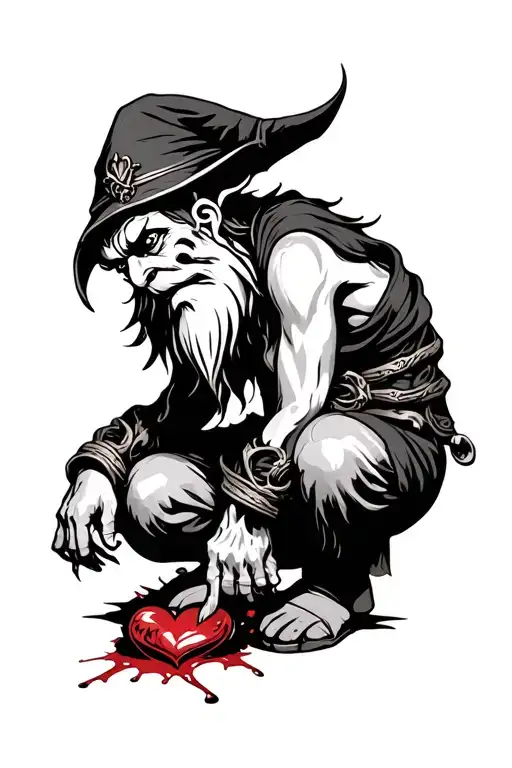 Evil Redcap Gnome Kneeling over a Bloody heart - Variation 2