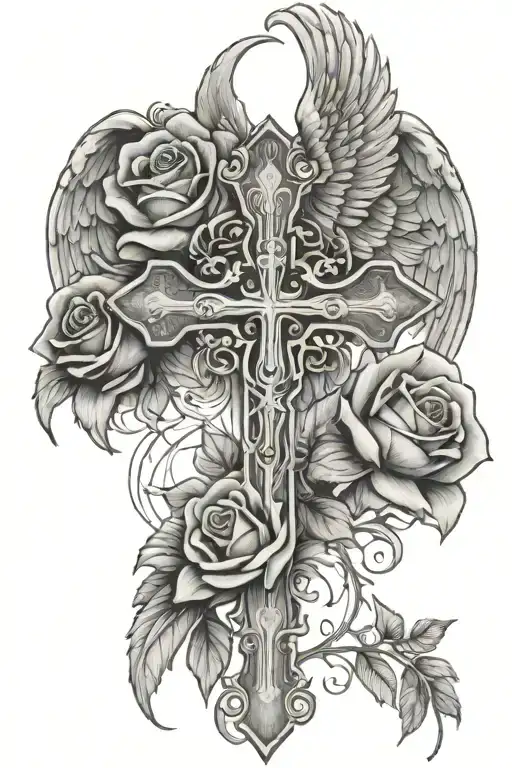 cross and roses with angel wings - Variation 2