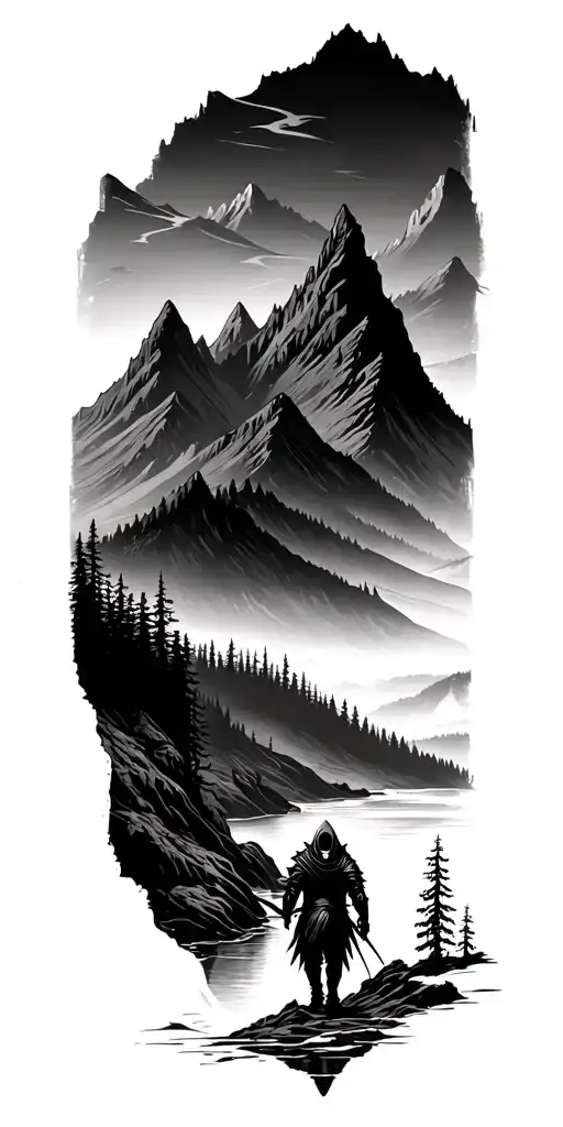 forest with river flowing and mountain range silhouette with a reaper walking through valley - Variation 3