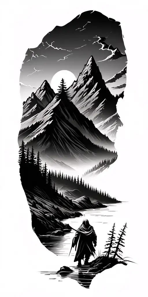 forest with river flowing and mountain range silhouette with a reaper walking through valley - Variation 4