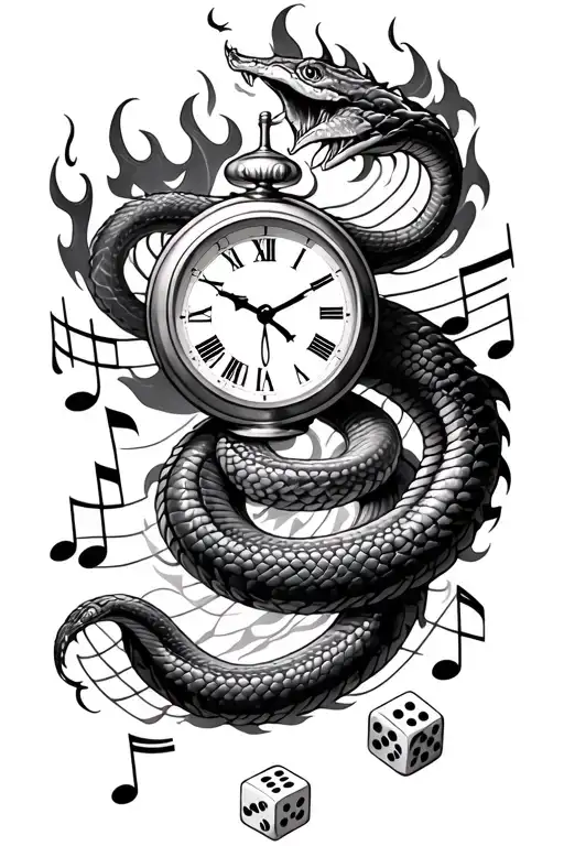 fire snake clock surrounded by music notes intertwined with luck dice