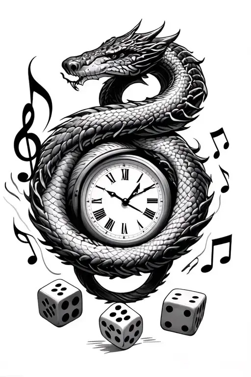 fire snake clock surrounded by music notes intertwined with luck dice - Variation 2