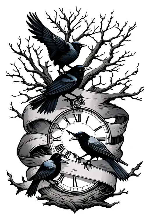 night sky filler, crows, tree branch, time, ribbon