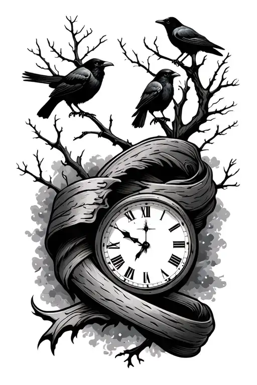 night sky filler, crows, tree branch, time, ribbon - Variation 2