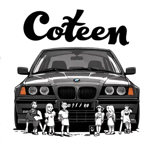 Coten's inscription against the background of the BMW car and 5 friends nearby