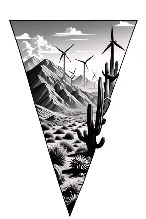 3 sperate triangles put images of desert mountains with many windmills on the mountains and cactus