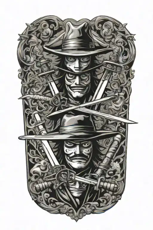 Zorro's 3 swords from One Piece with Luffy's hat on one of the hilts - Variation 2