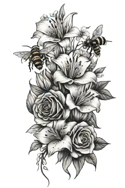 bouquet of roses and Lillies with wildflowers intertwined with bees a beehive and smoke