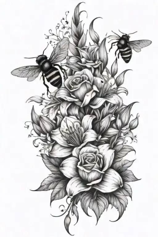 bouquet of roses and Lillies with wildflowers intertwined with bees a beehive and smoke - Variation 2