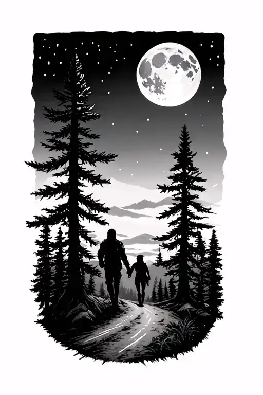 pine forest with one more road a couple and the moon - Variation 2