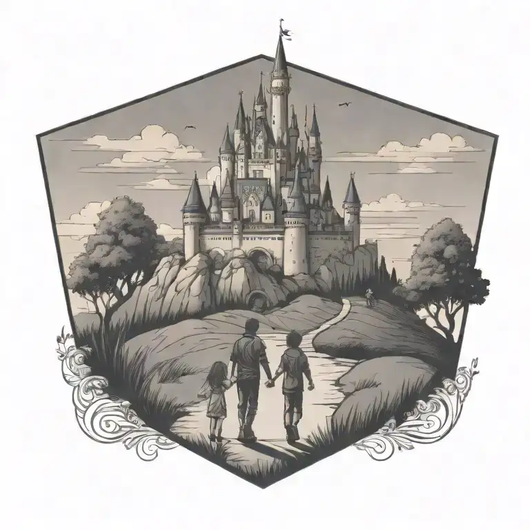 Disney castle on a hill with a boy and a girl holding hands walking towards it - Variation 4