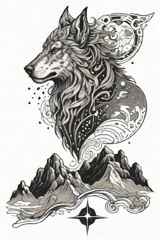 taurus zodiac sign with mountains and nights sky with wolf