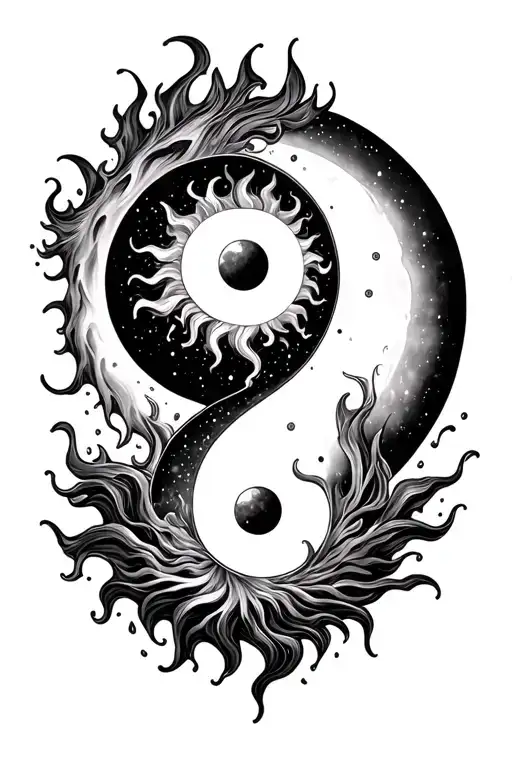 sun & moon, leo & cancer zodiac sign inside Ying yang with fire and water
