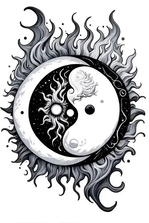 sun & moon, leo & cancer zodiac sign inside Ying yang with fire and water - Variation 2